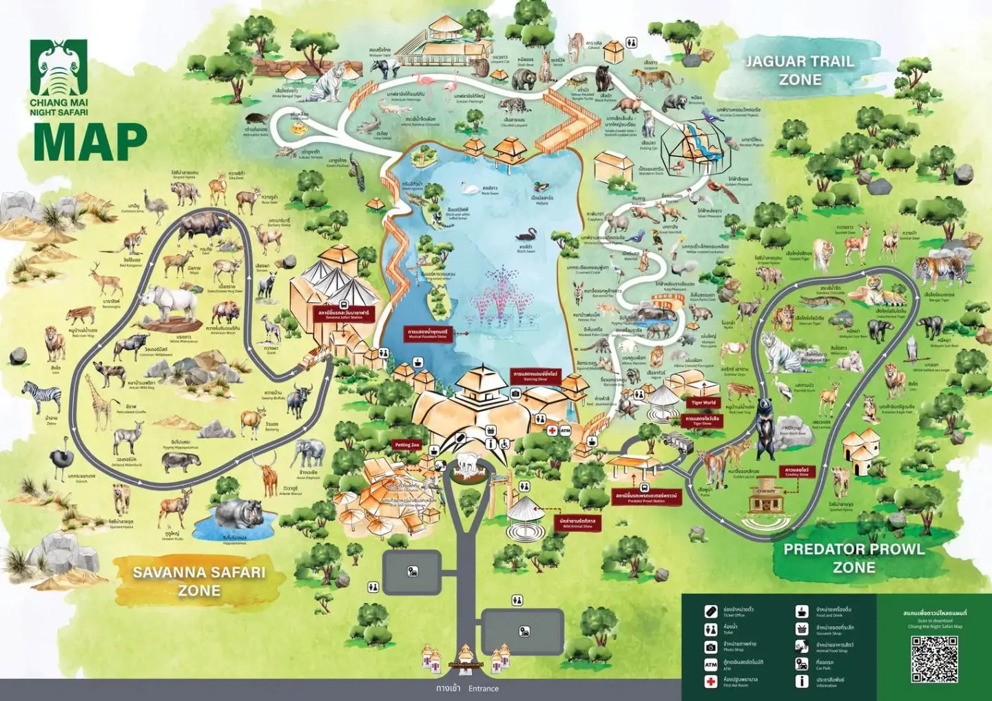 Chiang Mai Night Safari park map with the three zones